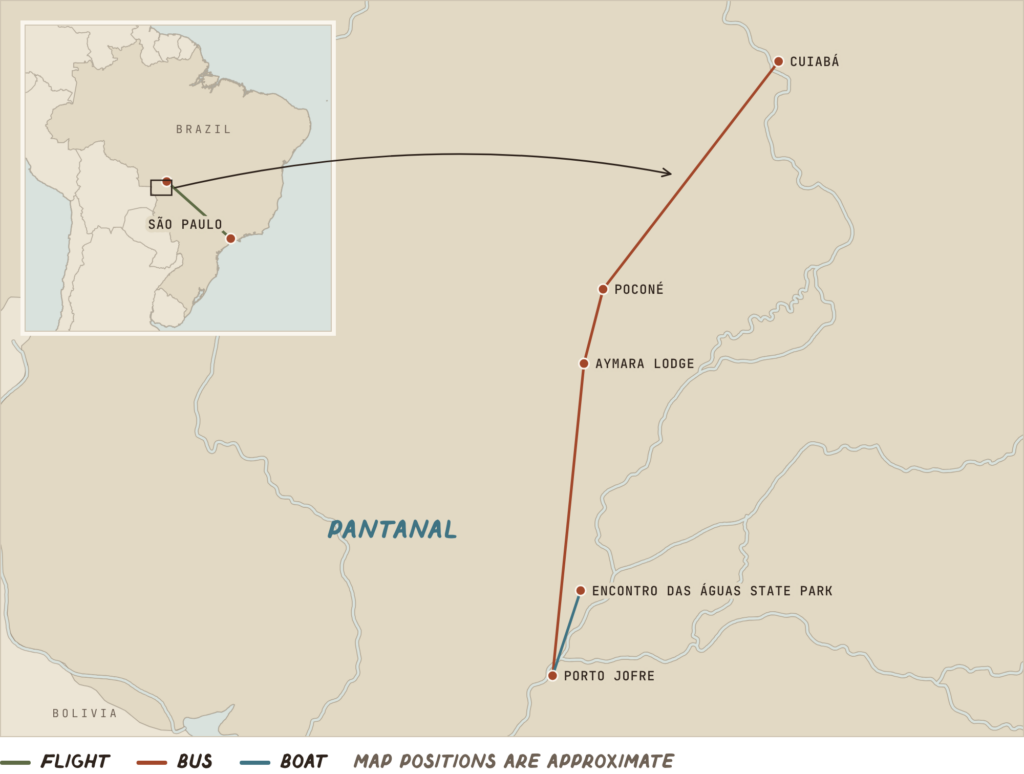 Map of the route into Brazil's northern Pantanal: a flight from São Paulo to Cuiabá, a drive south through Poconé and past Aymara Lodge to Porto Jofre, then a boat to Encontro das Águas State Park.